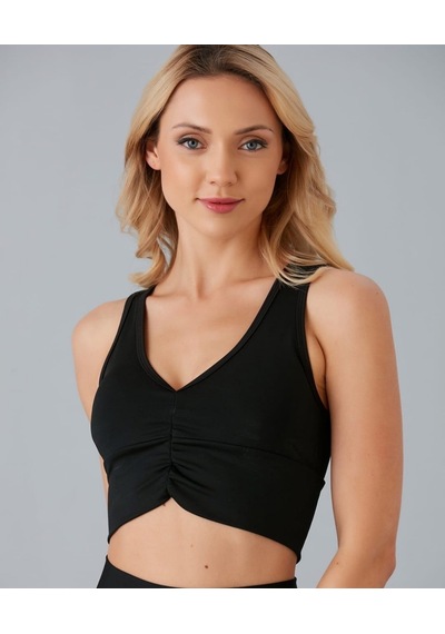 Aurafit Kadın Önü Büzgülü Arkası Çapraz Kaplı Croptop/büstiyer Siyah