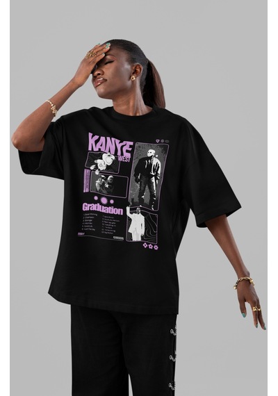 Sevbano Kanye West Rapper Şarkıcı Ön Baskılı Unisex Oversize Tişört Siyah
