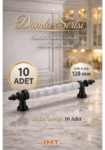 Damla Lüks Polimer Mobilya Kulpu 128 Mm Beyaz-siyah 10 Adet Mutfak Dolabı Çekmece Vestiyer Kulpu Siyah