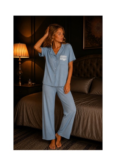 Elitol Fitilli Örme Kadın Düğmeli Pijama Takımı Mavi-3