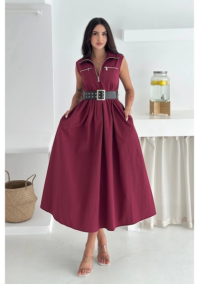 Asprin Fashion Paraşüt Kumaş Kemerli Elbise Bordo Bordo