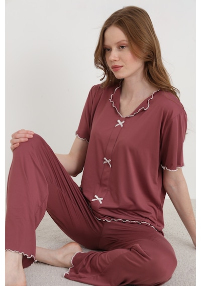 Elitol Bamboo Örme Fiyonklu Kadın Pijama Takımı Kahverengi