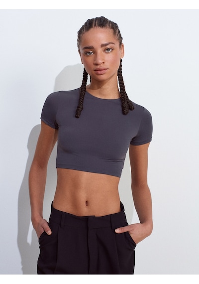 Dilvin 31175 Bisiklet Yaka Crop Top-füme Füme