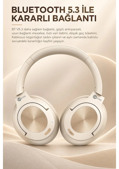 Exenar - Bej - Lecoo Es208 Kablosuz Kulak Üstü Kulaklık Bluetooth 5.3 Katlanabilir Mikrofonlu 20 Saat Şarjlı Hafif