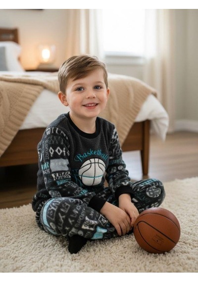 Zekids Erkek Çocuk Basketball Baskılı Polar Pijama Takımı-16815 Renklı
