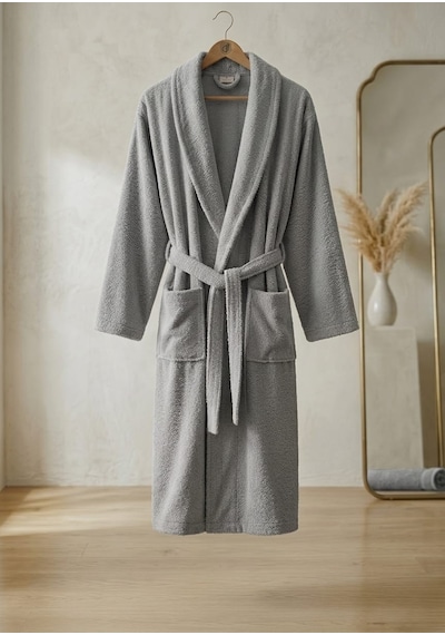 Unisex Bukle Kumaş Şalyaka Tek Bornoz - Bej Açık Gri