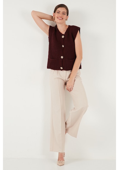Lela Premium Oversize Fit Bisiklet Yaka Düğmeli Örgü Bayan Yelek 680Yl1416 Bordo