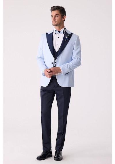 Ysf Erkek Açık Mavi Yelekli Kırlangıç Yaka Slim Fit Damatlık
