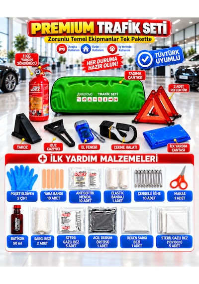 Trafik Ve İlk Yardım Seti Tüvtürk Muayene Uyumlu Ce Belgeli Abc 1kg Yangın Söndürücü Ve E Belgeli Reflektör-yeşil