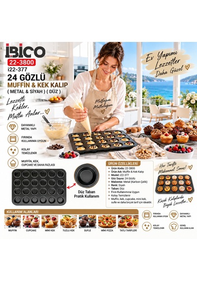 24 Gözlü Metal - Siyah Düz Muffin - Kek Kalıp 4915 12v