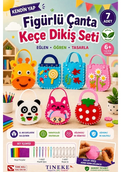 Tineke Figürlü Keçe Dikiş Seti 7'li Kendin Yap Çanta Yapım Seti Eğitici Hobi Oyuncağı El Becerisi 6+