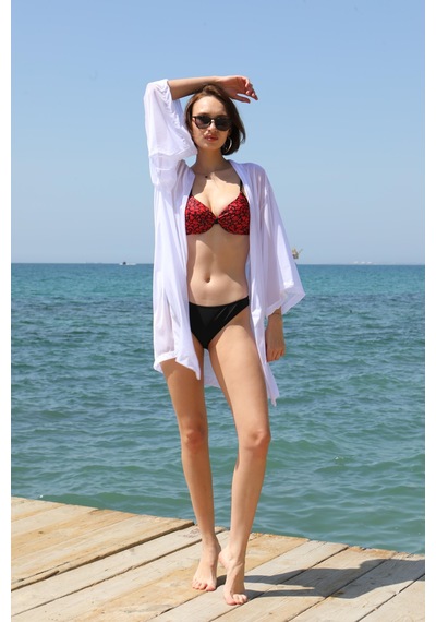 Modi Moda Çizgi Kadın Kimono Pareo Plaj Elbisesi Beyaz 38049