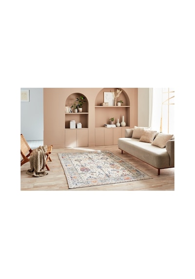 Spring Serisi Krem Vintage Eskitme Desenli Dijital Baskı Yıkanabilir Modern Salon Halısı Krem