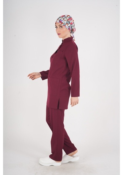 Bordo Renk Sakura Model Tesettür Doktor Hemşire Scrubs Üniforma Takımı Bordo