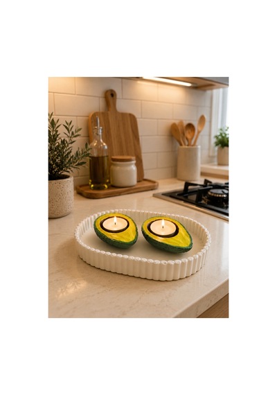 Avokado Tasarımlı 2 Li Tealight Mumluk Dekoratif Sunum Tepsili Set Yeşil