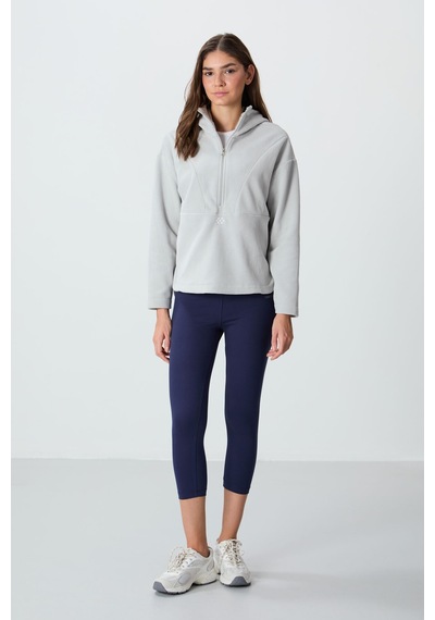 Tommy Life Taş Kalın Yumuşak Dokulu Kapüşonlu Oversize Nakışlı Polar Kadın Sweatshirt -97286 Taş