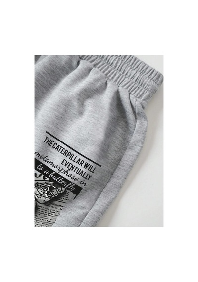 Tarzsokak Butterfly & Slogan Graphic Drawstring Waist Şort Gri
