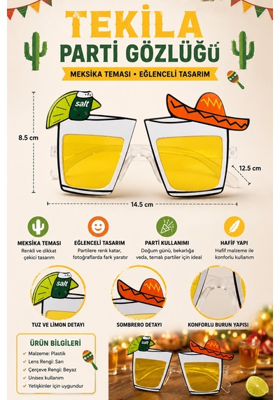 Tekila Parti Gözlüğü Sarı Meksika Temalı Kostüm Aksesuarı Fiesta Eğlence Gözlüğü