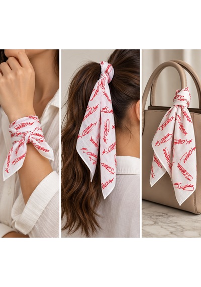 Herşeynota Atatürk İmza Beyaz Kırmızı %100 Pamuk 52x52 Cm Fular Bandana Okul, Etkinlik, Tören, Gösteri Çok Renkli