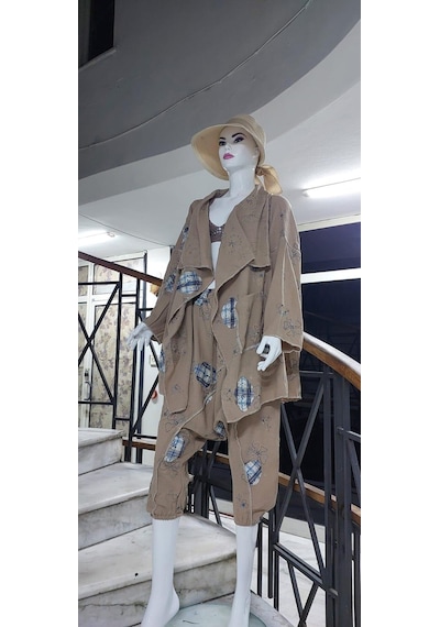 Boho Şalvar Pantolon Asimetrik Ceket Takım Vizon