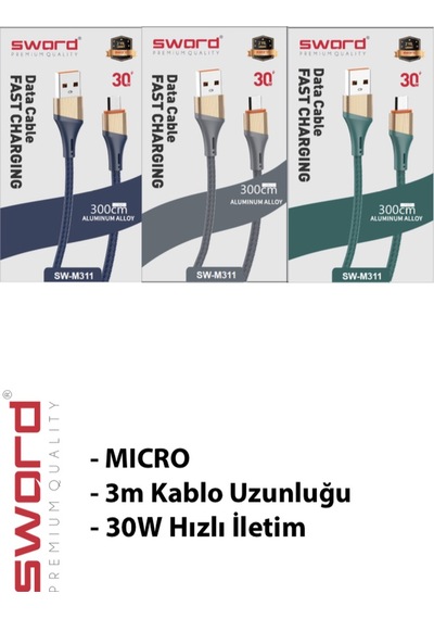 Sword 3 Üç Metre Micro Hızlı Şarj Ve Data Kablosu