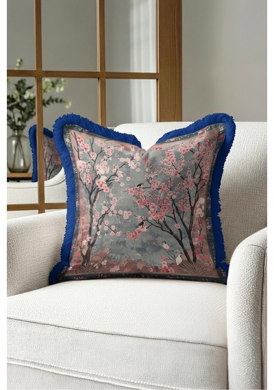 Sakura Çiçek Bahçesi Saçaklı Yastık Kılıfı - Uzakdoğu Gri Pembe Lacivert Püsküllü Kırlent Kılıfı Sessiz Vadi Saten Sakura Çiçek Bahçesi Saçaklı Yastık Kılıfı - Uzakdoğu Gri Pembe Lacivert Püsküllü Kırlent Kılıfı Sessiz Vadi Saten