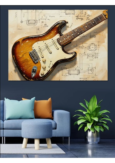 Gitar Ve Notalar Sanat Dekoratif Kanvas - Mdf Ahşap Tablo