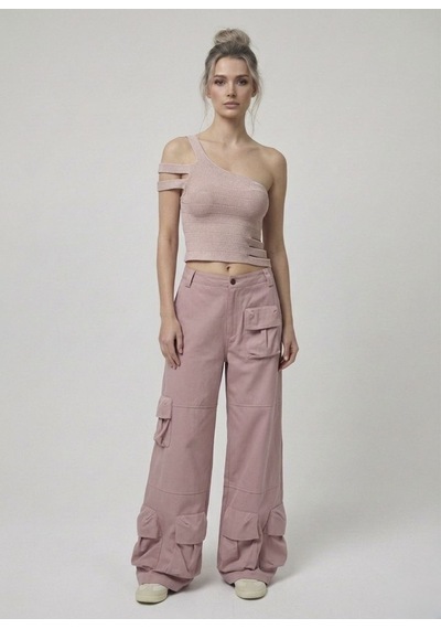 Neden Tekstil Asimetrik Tek Omuz Triko Crop Bluz - Açık Pembe