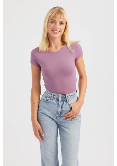Hiccup Yuvarlak Yaka Çapraz Arka Kısa Kollu Crop Top Mor