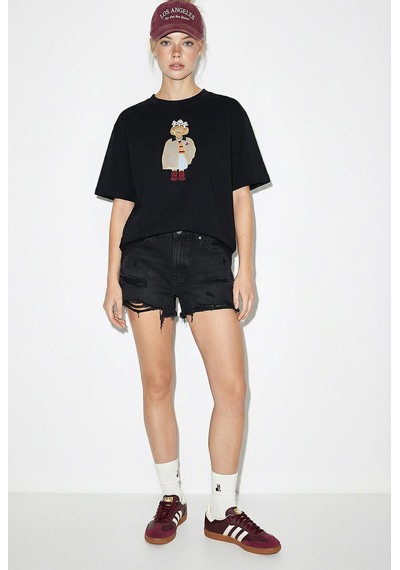 Shade Kadın Köpek Nakışlı Taş İşlemeli Relaxed Fit Pamuk T-shirt 1077 60286067 - Siyah L
