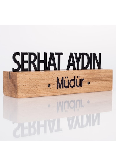 Masif Kayın Ahşap Masaüstü İsimlik Standı Siyah Akrilik Masa İsimliği