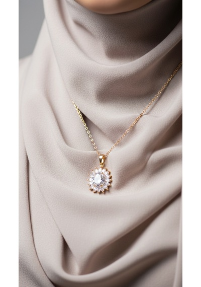 Baget Oval Zirkon Taşlı Çiçek Model Kolye - Çelik Altın