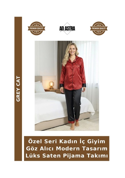Grey Cat Özel Seri Kadın İç Giyim Göz Alıcı Modern Tasarım Lüks Saten Pijama Takımı Siyah-Kırmızı
