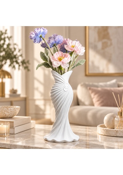 Gelinlik Esintili Beyaz Spiral Dekoratif Vazo Modern Minimalist Ev Aksesuarı
