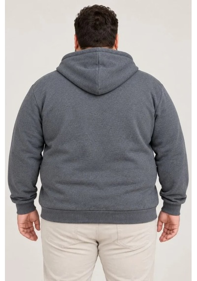Erkek Battal Büyük Beden Üç İplik İçi Şardonlu Kapüşonlu Tam Fermuarlı Kışlık Sweatshirt - Füme