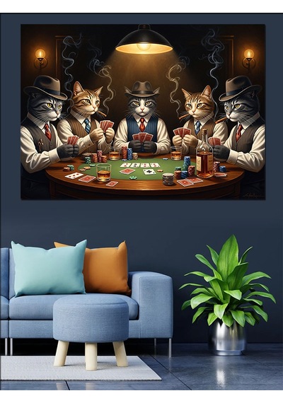 Ahşap Tablo Kumar Masasında Poker Oynayan Kediler Çiçek Resimli Tablolar