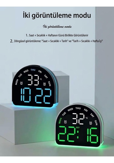 Led Dijital Alarm Saati Sıcaklık Tarih Gün Göstergeli Ortam Aydınlatmalı Çift Ekranlı Masa Saati Gece Lambası Usb Ve Pil Yeşil
