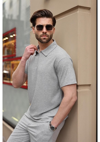 Gri Polo Yaka T-shirt Şort Takım E7363