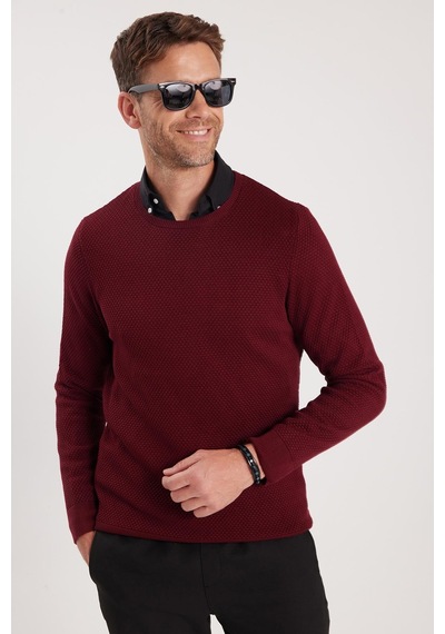 Tudors Erkek Standart Fit Normal Kesim Bisiklet Yaka Petek Desenli Koyu Bordo Triko Kazak-35671 Bordo