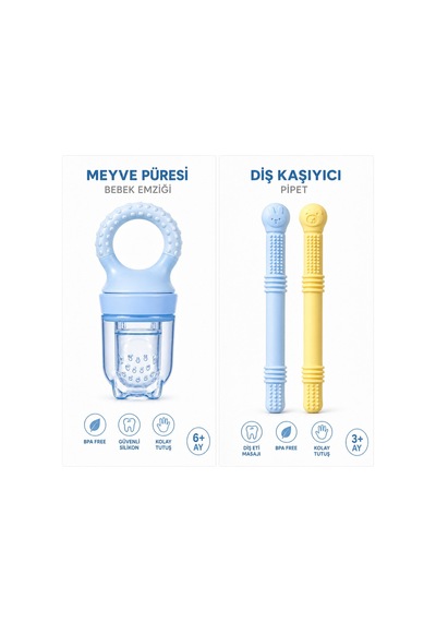 3 Parça Bebek Seti Meyve Emziği + 2 Adet Diş Kaşıyıcı Mavi