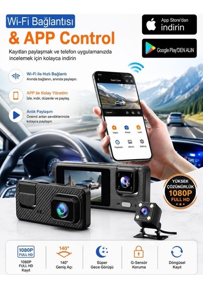 Wi-fi App Destekli 1080p 3 Kameralı Araç İçi Araba Kamerası Gece Görüşü & 140 Geniş Açı Dvr