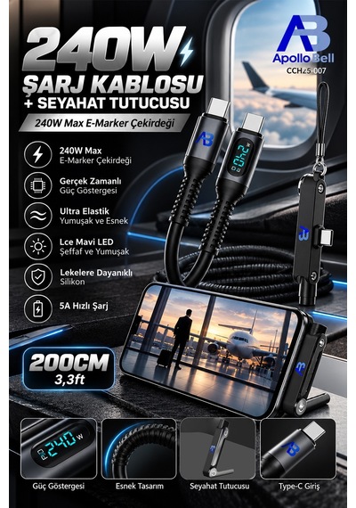 Apollobell Cch25-007 240w Şarj Kablosu + Seyahat Tutucusu
