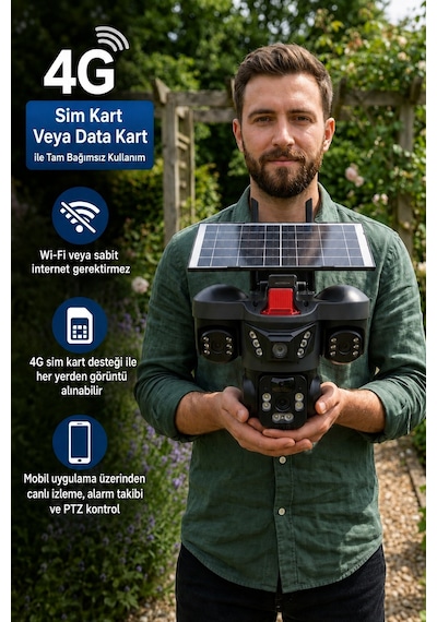 ARM-01 Solar Güneş Panelli 15MP 3 Lensli 4G Sim Kartlı Güvenlik Kamerası 360° PTZ Gece Görüşlü Sesli Dış Mekan V380 Pro