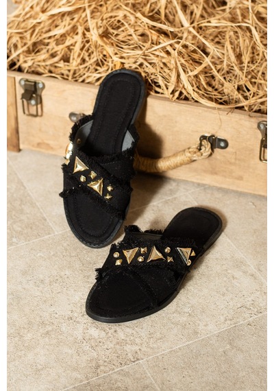 Dabab Shoes Helıa Kadın Gold Taş Detaylı Hasır Dokulu Fraseli Düz Siyah Terlik