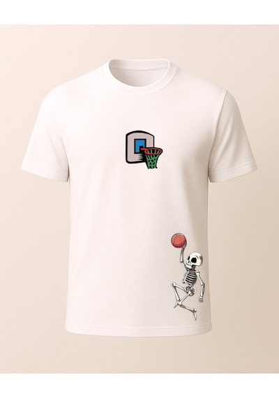 Basketbol Oynayan Kuru Kafa Baskılı T-shirt Beyaz