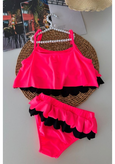 Minigimin Cicileri Kalp Desenli Fırfırlı Kız Çocuk Bikini Takımı - Fuşya
