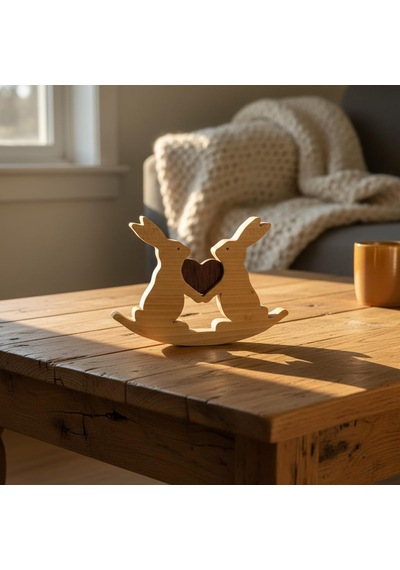 Simdale Wood İsimli Birleşen Kalpler İkili Tavşan Biblo - Puzzle Tasarım