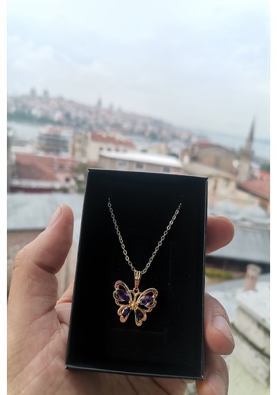 Ervanur Altın Kaplama Mor Zirkon Taşlı Kelebek Kolye Altın