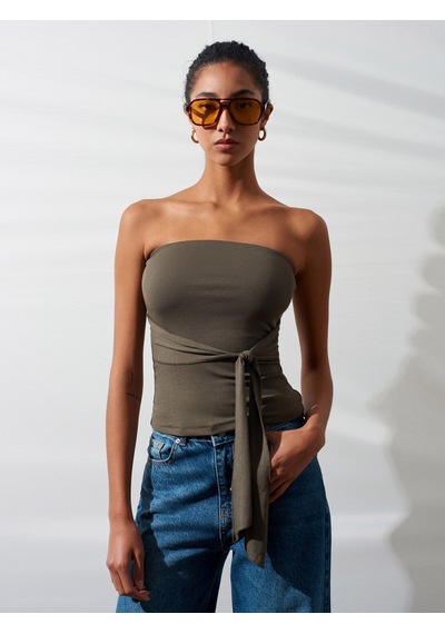 Dilvin 32841 Bağlamalı Bandeau Top-haki