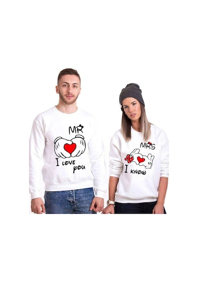 Tshirthane Mr. Mrs. Kalp Sevgili Kombinleri Unisex Sweatshirt Kırık Beyaz